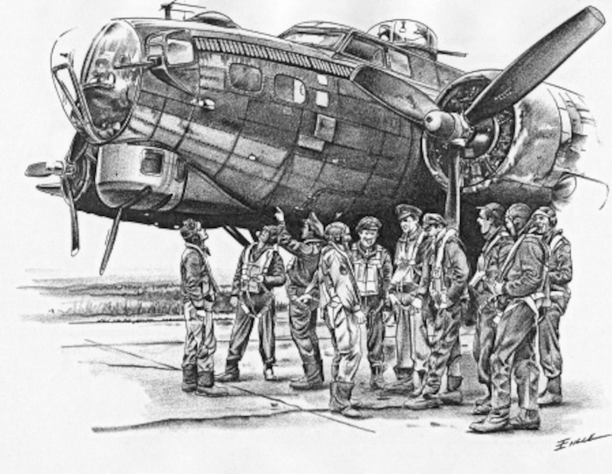 B-17 Flying Fortress and crew (b/w), Illustration by Bob Engle