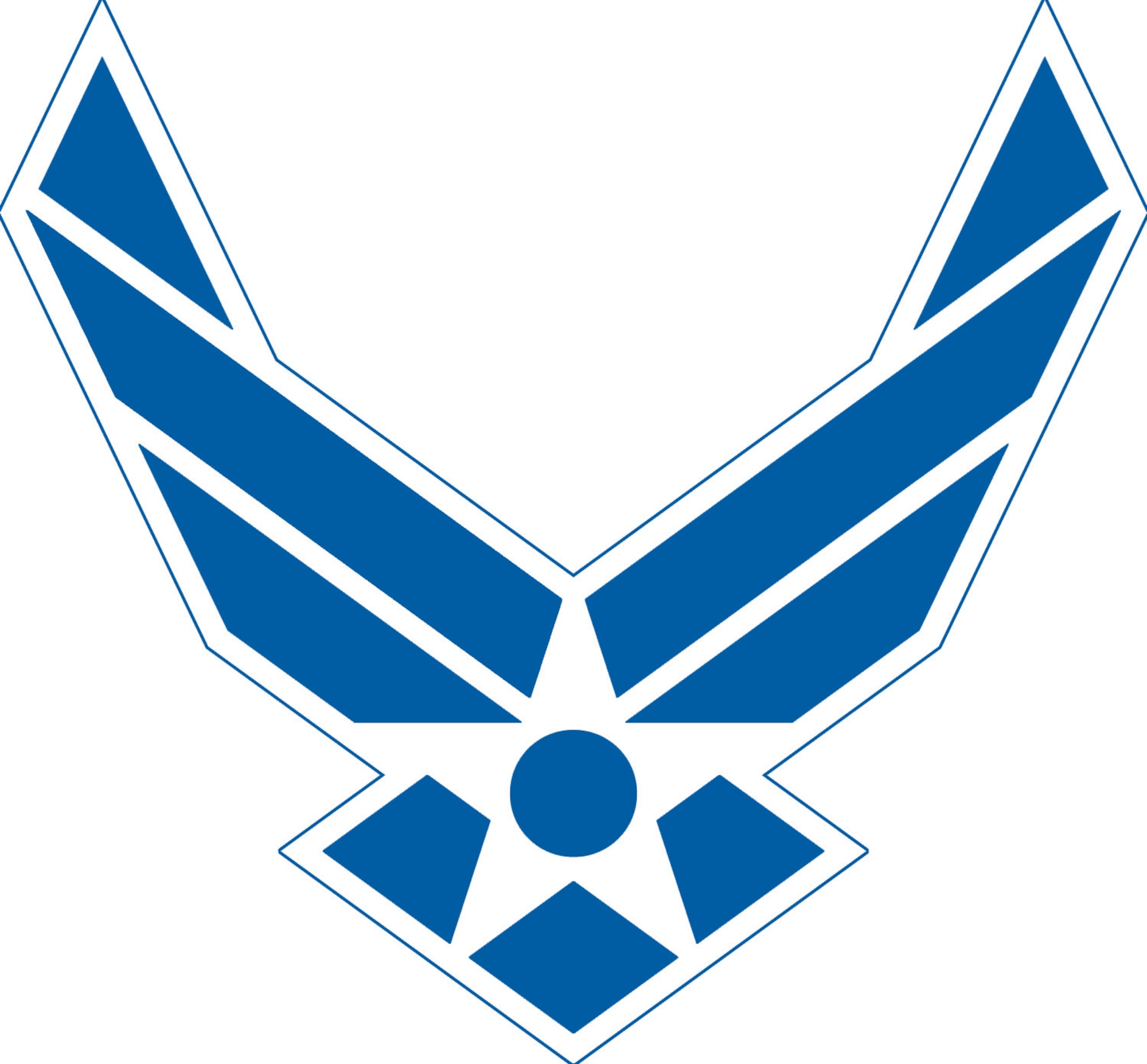 Air Force symbol, blue with white outline. The Air Force Symbol is a registered trademark (No. 2,767,190) of the USAF. Permission to use it for commercial use and advertising (free or paid) is required. The use of this trademark for commercial purposes, including reproduction on merchandise, is expressly prohibited unless the producer has a fully executed license agreement with the Air Force. Use is governed by the terms of the agreement. <a href=http://www.trademark.af.mil/shared/media/document/AFD-100728-052.pdf>Click here</a> to download the licensing application.  For more information contact the Air Force Trademark Licensing office at 210.395.1787 or email <a href=mailto:afpaa.hq.tl@us.af.mil>afpaa.hq.tl@us.af.mil</a>. For restrictions on use of Air Force Symbol <a href=http://www.trademark.af.mil/symbol/displaying/index.asp>visit here</a>.