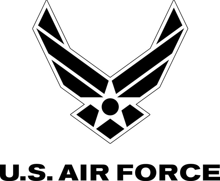 Air Force symbol with logotype, black with white outline. The Air Force Symbol is a registered trademark (No. 2,767,190) of the USAF. Permission to use it for commercial use and advertising (free or paid) is required. The use of this trademark for commercial purposes, including reproduction on merchandise, is expressly prohibited unless the producer has a fully executed license agreement with the Air Force. Use is governed by the terms of the agreement. <a href=http://www.trademark.af.mil/shared/media/document/AFD-100728-052.pdf>Click here</a> to download the licensing application.  For more information contact the Air Force Trademark Licensing office at 210.395.1787 or email <a href=mailto:afpaa.hq.tl@us.af.mil>afpaa.hq.tl@us.af.mil</a>. For restrictions on use of Air Force Symbol <a href=http://www.trademark.af.mil/symbol/displaying/index.asp>visit here</a>.