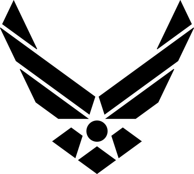 Air Force symbol, black. The Air Force Symbol is a registered trademark (No. 2,767,190) of the USAF. Permission to use it for commercial use and advertising (free or paid) is required. The use of this trademark for commercial purposes, including reproduction on merchandise, is expressly prohibited unless the producer has a fully executed license agreement with the Air Force. Use is governed by the terms of the agreement. <a href=http://www.trademark.af.mil/shared/media/document/AFD-100728-052.pdf>Click here</a> to download the licensing application.  For more information contact the Air Force Trademark Licensing office at 210.395.1787 or email <a href=mailto:afpaa.hq.tl@us.af.mil>afpaa.hq.tl@us.af.mil</a>. For restrictions on use of Air Force Symbol <a href=http://www.trademark.af.mil/symbol/displaying/index.asp>visit here</a>.