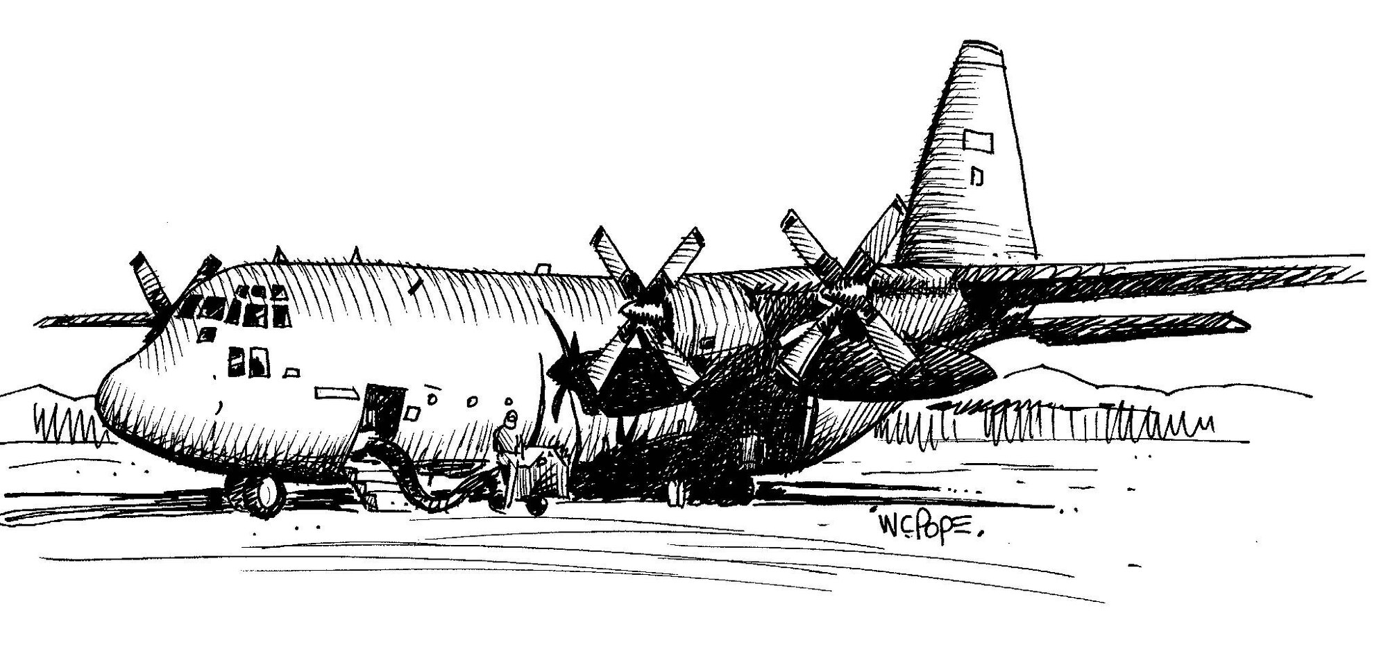 C-130 Hercules (b/w), Illustration by W.C. Pope