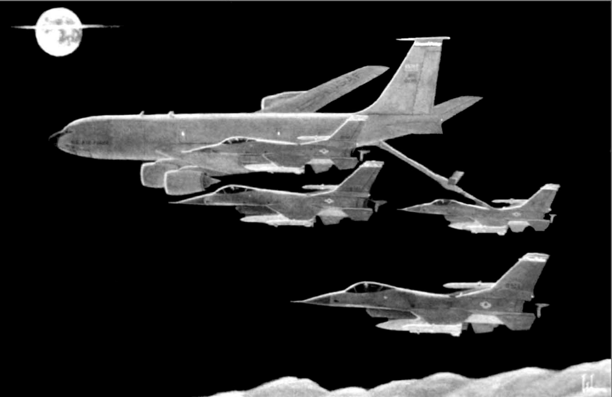 KC-135 Stratotanker refueling F-16s at night (b/w), Illustration by Gregory L. Wiepert