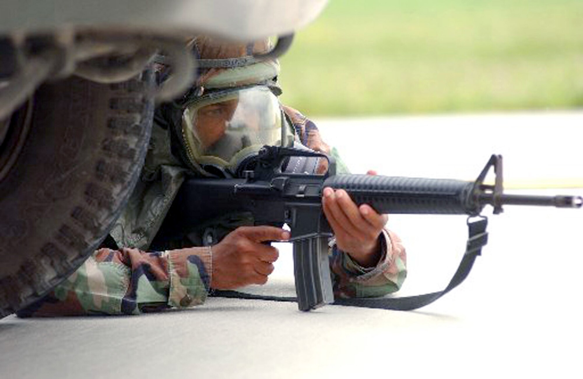 INCIRLIK AIR BASE, Turkey -- Airman 1st Class Darnell Sharp provides cover fire during a security forces exercise here April 17.  Sharp is assigned to the base's 39th Security Forces Squadron.  (U.S. Force photo by Airman Joseph Thompson)
