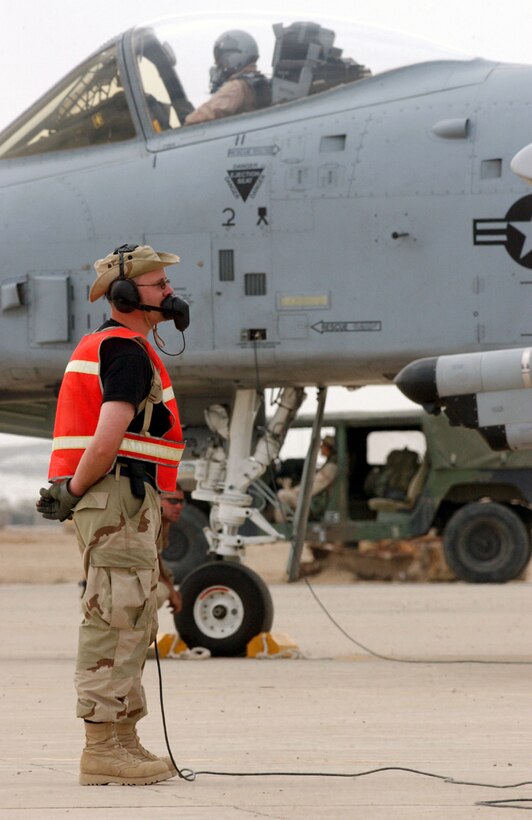 OPERATION IRAQI FREEDOM -- Master Sgt. John Kuiper, an aircraft crew chief with the 442nd Fighter Wing, communicates with the pilot during flight control checks for the launch of the A-10 on April 18 for a combat mission over Iraq.  The 442nd is from Whiteman Air Force Base, Mo., and is deployed to Tallil Air Base in southern Iraq.  (U.S. Air Force photo by Master Sgt. Terry L. Blevins)
