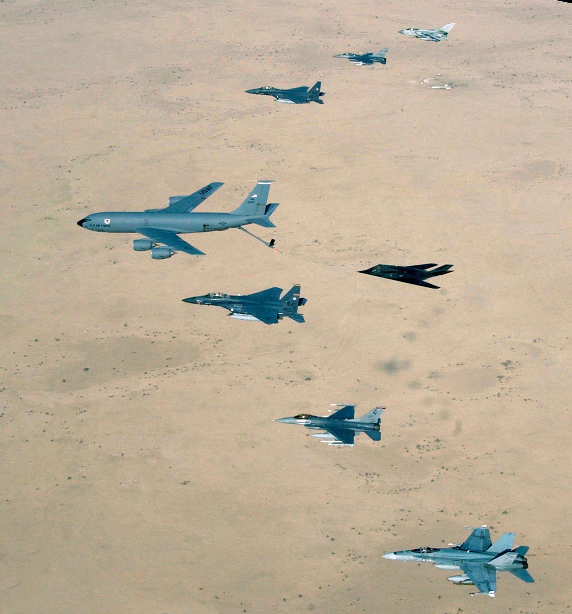 OPERATION IRAQI FREEDOM -- Aircraft of the 379th Air Expeditionary Wing and coalition counterparts stationed together in a deployed location in southwest Asia fly over the desert., April 14, 2003. Aircraft include KC-135 Stratotanker, F-15E Strike Eagle, F-117 Nighthawk, F-16CJ, British GR-4 Tornado, and Australian F/A-18 Hornet. (U.S. Air Force photo by Master Sgt. Ron Przysucha)