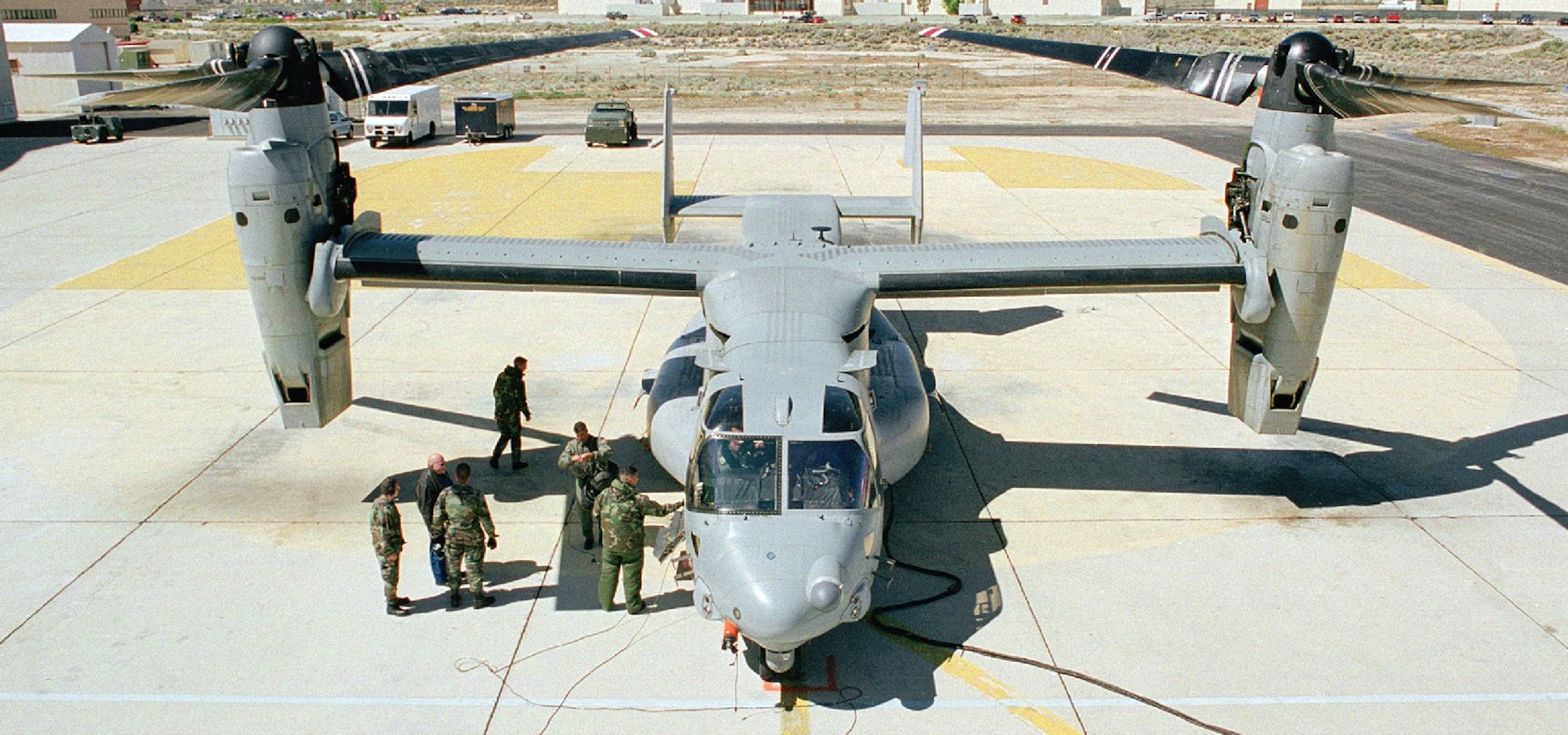 EDWARDS AIR FORCE BASE, Calif. -- The CV-22 test program reached a high point in its flight test history when Osprey 7 successfully completed a terrain-following radar exercise here.  (U.S. Air Force photo by George Villarino)