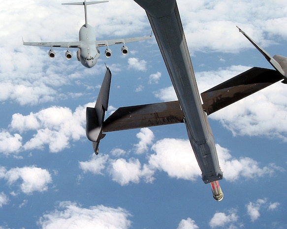 OPERATION IRAQI FREEDOM -- A Charleston-based C-17 Globemaster III moves into position to refuel from a KC-10A Extender over the Black Sea.  The C-17 crew was returning from a humanitarian mission to Iraq.  The KC-10 is based out of the 409th Air Expeditionary Group.  Members from various Air Force units world-wide are currently deployed with the 409th AEG, Burgas Bulgaria, in support of Operation Iraqi Freedom. (U.S. Air Force photo by Staff Sgt. Jason Smith)