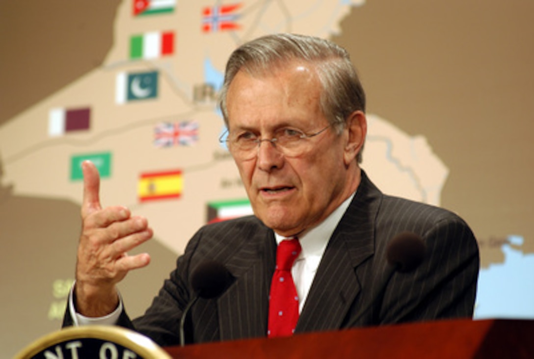 Secretary of Defense Donald H. Rumsfeld tells reporters about the contributions of coalition members in Iraq during an April 25, 2003, Pentagon press briefing. Rumsfeld said that coalition members are helping with food, water, medicine, trucks, generators, field hospitals, mine clearing and other humanitarian assistance to the people of Iraq. Chairman of the Joint Chiefs of Staff Gen. Richard B. Myers, U.S. Air Force, joined Rumsfeld for the briefing. 