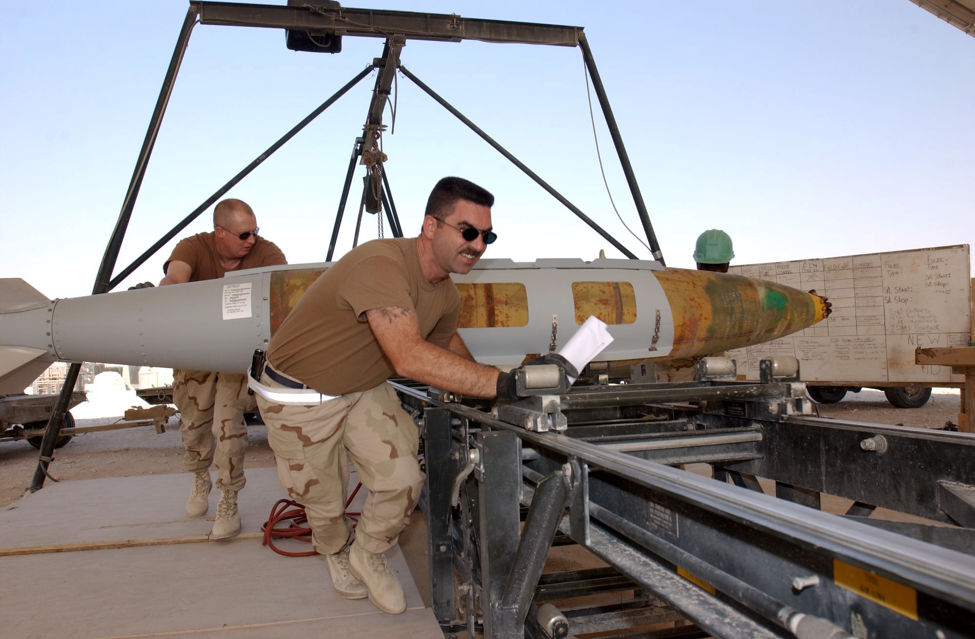 OPERATION IRAQI FREEDOM – (From left) Tech. Sgt. Chris Hickman, Master Sgt. Greg Lewis and Senior Airman Gerald Brown, all with the 379th Expeditionary Maintenance Squadron’s ammo flight, move a GBU-31 Joint Direct Attack Munition into position for disassembly and shipment at a forward-deployed location.  (U.S. Air Force photo by Staff Sgt. David Donovan