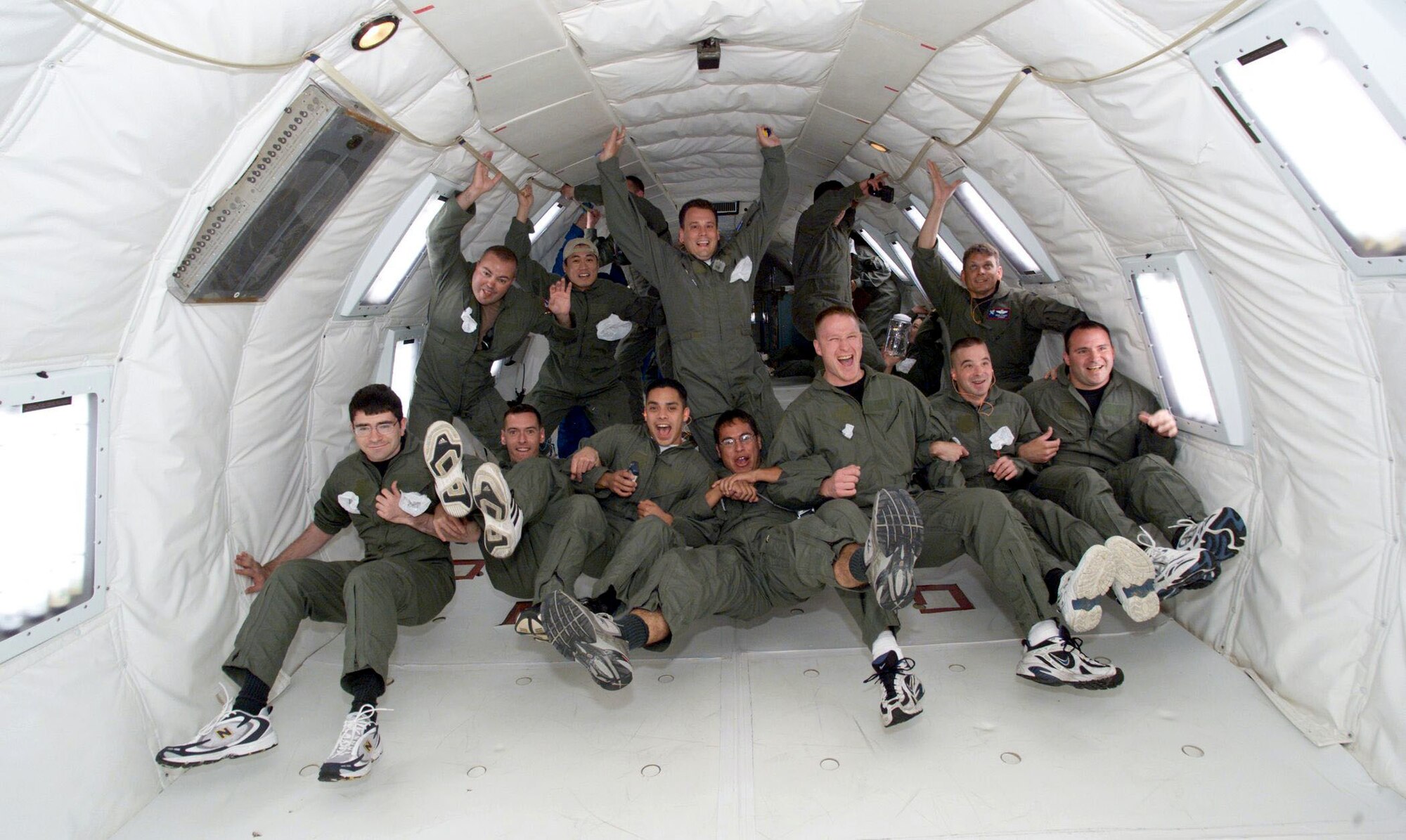 EDWARDS AIR FORCE BASE, Calif. -- Students in the Aerospace Vehicle Test Course experience zero gravity during a ride in the NASA KC-135 also known as the "vomit comet".  The AVTC trains students to become space flight-test engineers.  (Courtesy photo)
