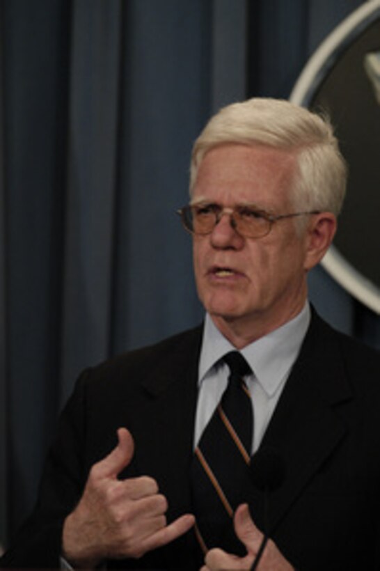Principal Deputy Assistant Secretary of Defense for Networks and Information Integration Linton Wells II conducts a Pentagon press conference on Aug. 1, 2003, concerning the status of telecommunications services in Iraq. 