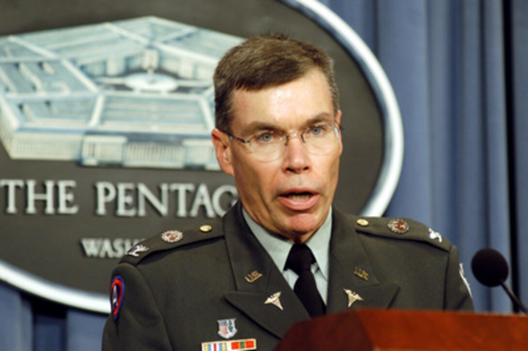 Army Col. Robert DeFraites briefs reporters in the Pentagon on Aug. 5, 2003, on some aspects concerning the approximately 100 cases of pneumonia that have been diagnosed among U.S. troops serving in the Central Command area of operations. DeFraites reported that while the frequency of occurrence of pneumonia is about what you would expect in the general population, the military is moving rapidly to determine if there was any common thread in the reported cases. The Army surgeon general has activated two Epidemiological Consultation teams to assist local medical staffs in investigating the causes of the 15 most serious cases. DeFraites is attached to the Office of the Army Surgeon General. 