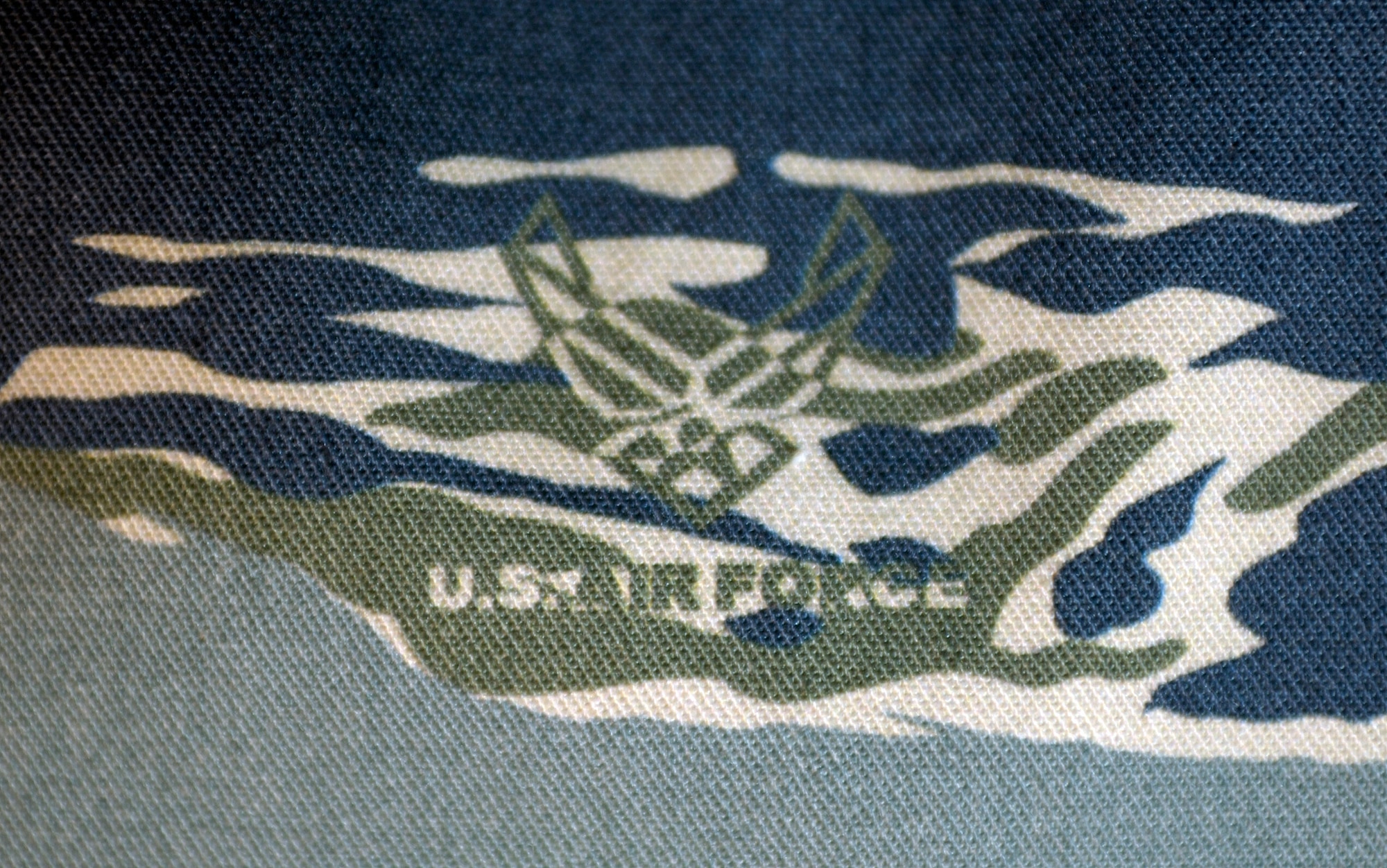 WASHINGTON (AFPN) -- The Air Force logo is interspersed throughout the new Air Force test utility uniform.  The blue, gray and green tiger-stripe camouflage ensemble includes many new features intended to increase functionality while providing a distinctive look for the 21st century airmen.  The uniforms will undergo wear-testing beginning in January 4.  Airmen from a cross section of Air Force career fields will provide feedback on the fit, durability and functionality of the proposed ensemble which will come in men's and women's cuts.  (U.S. Air Force photo by Master Sgt. Jim Varhegyi) 
