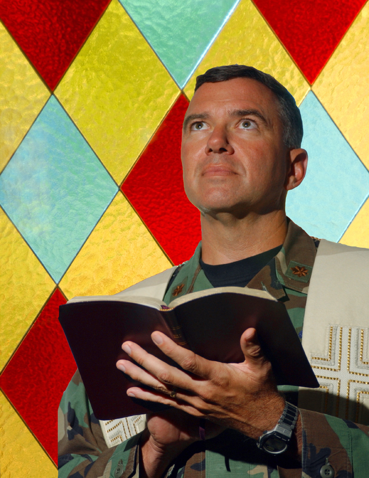 INCIRLIK AIR BASE, Turkey (AFPN) -- Chaplain (Maj.) Steve Schaick, 39th Air Base Group senior Protestant chaplain, conducts service at the chapel here.  Schaick won an award from the National Bible Association for using the televison sitcom, The Simpsons," as a basis for biblical discussion.  (U.S. Air Force photo illustration by Senior Airman Veronica Fullwood)