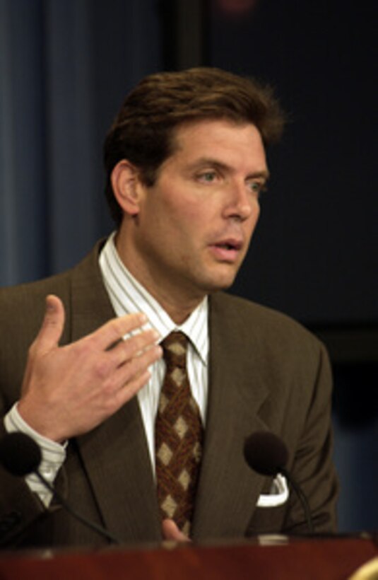 Special Assistant to the Secretary of Defense Lawrence Di Rita responds to a reporter's question during a Pentagon press briefing on Aug. 7, 2003. Di Rita and Air Force Lt. Gen. Norton Schwartz, director for operations, J-3, the Joint Staff, briefed reporters on the coalition's progress in Iraq. 