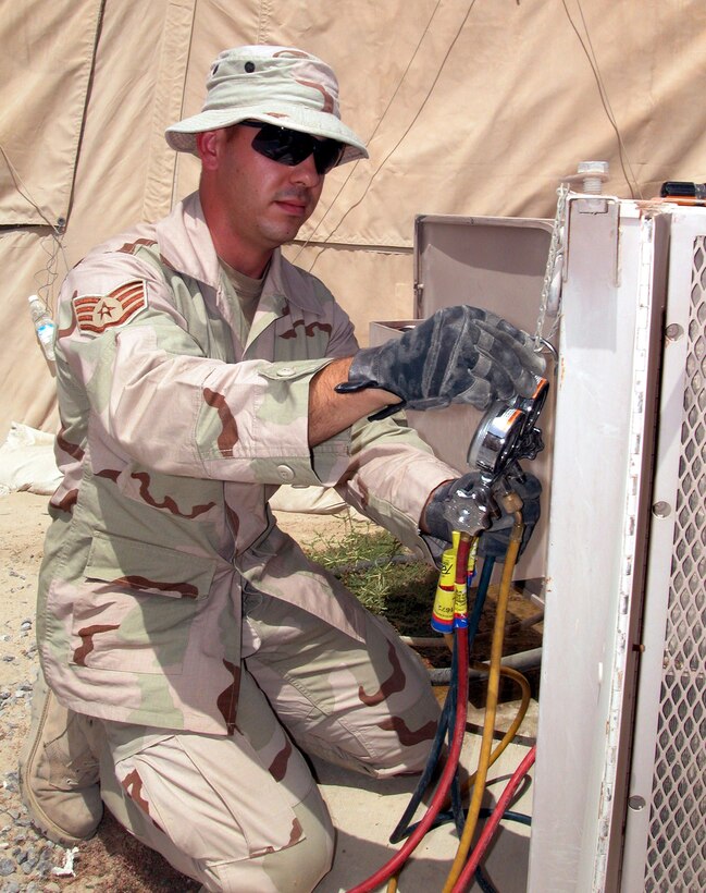 OPERATION ENDURING FREEDOM -- Staff Sgt. Shane McDaniel services an environmental control unit at a forward-deployed location in Southwest Asia.  The air conditioning provided by units keeps tents at comfortable temperatures.  McDaniel is a heating, ventilation and air-conditioning journeyman with the 380th Expeditionary Civil Engineer Squadron.  He is deployed from the 9th Civil Engineer Squadron at Beale Air Force Base, Calif.  (U.S. Air Force Photo by Maj. Robert Couse-Baker)