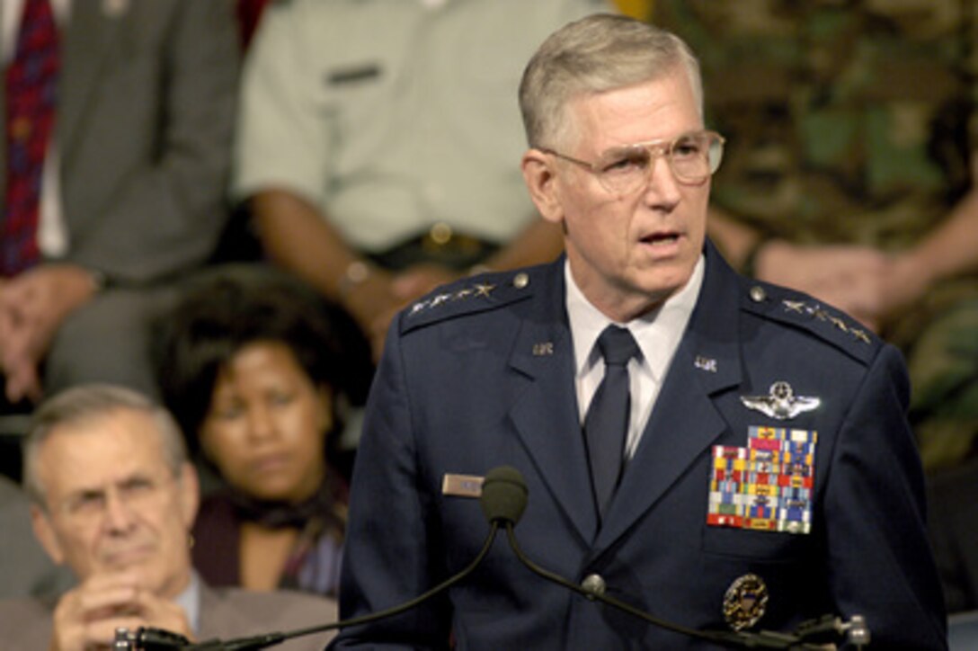 Chairman of the Joint Chiefs of Staff Gen. Richard B. Myers, U.S. Air Force, delivers his opening remarks during a town hall meeting in the Pentagon auditorium on Aug. 14, 2003. Myers and Secretary of Defense Donald H. Rumsfeld fielded questions from military and civilian Pentagon employees. The forum allows people in the Pentagon to direct their questions to the leadership at the Defense Department. 