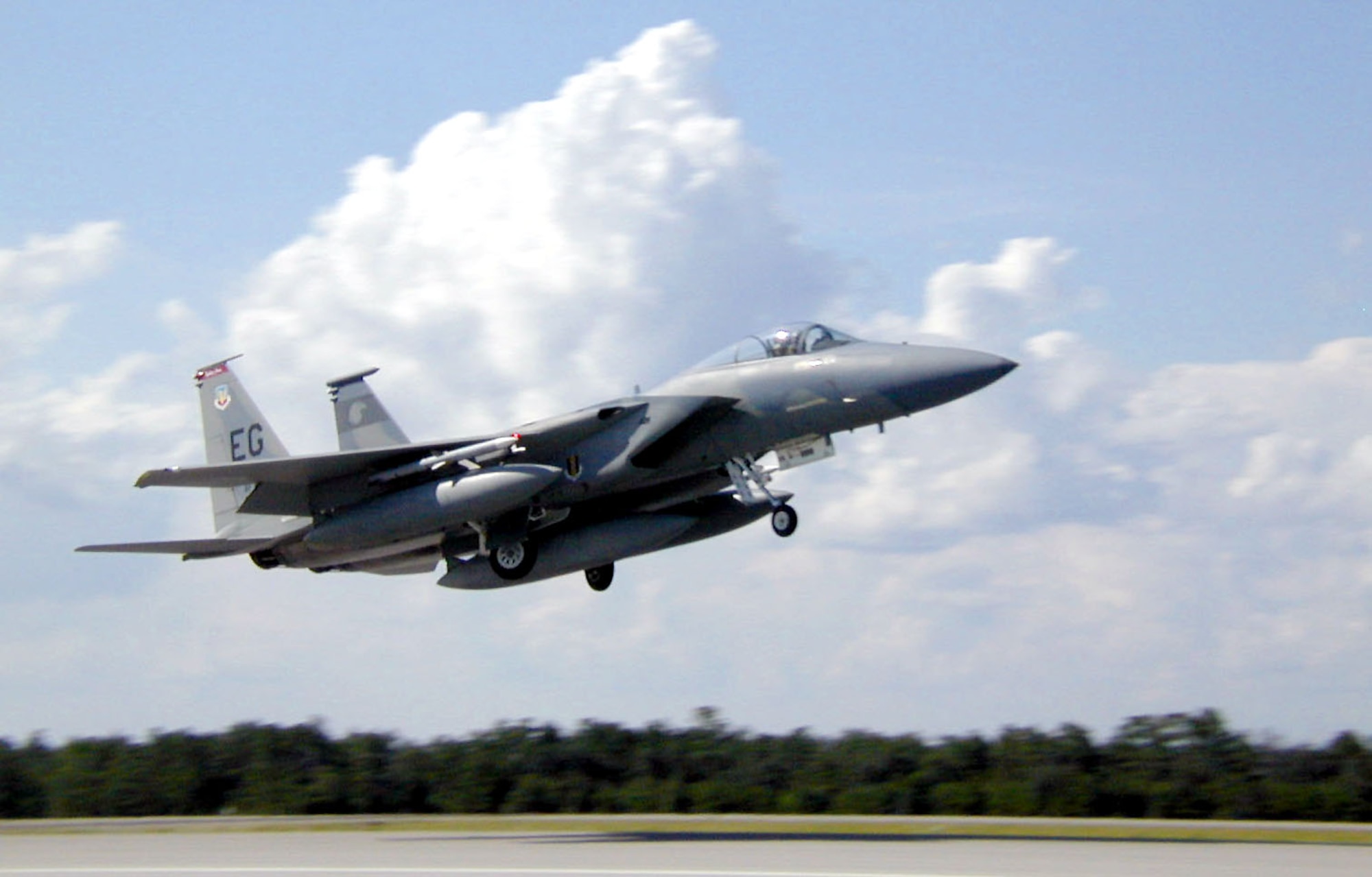 EGLIN AIR FORCE BASE, Fla. -- An F-15 Eagle from the 60th Fighter Squadron takes off from here.  Airmen and aircraft from the 33rd Fighter Wing participated in a joint combat-identification exercise in Gulfport, Miss.  (U.S. Air Force photo by Staff Sgt. Bob Zoellner)