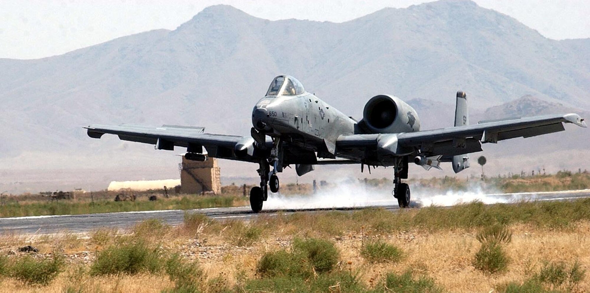 BAGRAM AIR BASE, Afghanistan -- First Lt. Erik Axt, 81st Expeditionary Fighter Squadron, touches down in his A-10 Thunderbolt II after flying a mission here Aug. 14 supporting Operation Enduring Freedom.  (U.S. Air Force photo by Staff Sgt. Russell Wicke)