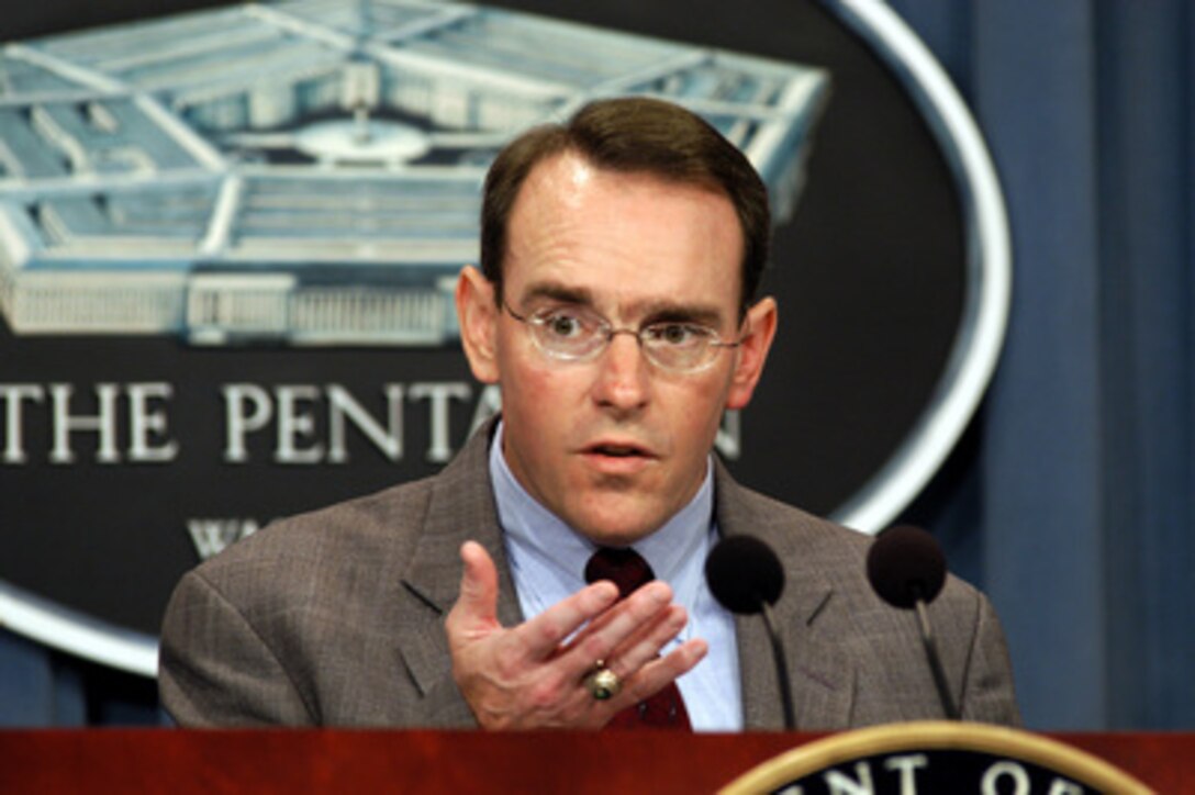Assistant Secretary of the Navy for Research, Development, and Acquisition John J. Young Jr. briefs reporters on the details of a new contract to acquire six Virginia Class submarines for the U.S. Navy during a Pentagon press conference on Aug. 14, 2003. The block-buy contract was recently signed with General Dynamics Electric Boat Corp., in partnership with Northrop Grumman's Newport News Shipbuilding. Upon Congressional authorization and appropriation, the contract, valued at up to $8.7 billion, will award one submarine per year from 2003 through 2006 and two submarines in 2007. 