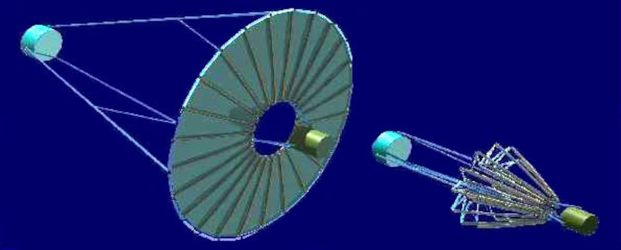 KIRTLAND AIR FORCE BASE, N.M. -- An artist concept shows a thin-film membrane mirror, at right, in a folded configuration so it can fit aboard a rocket and then opened in space as shown at left.  Researchers at the Air Force Research Laboratory's directed energy directorate here have produced a 1-meter-diameter (about 3.25-feet), optical-quality membrane mirror.  Their goal is to produce a lightweight 10-meter membrane mirror, which could be used as part of a space-based telescope.  (Courtesy graphic)