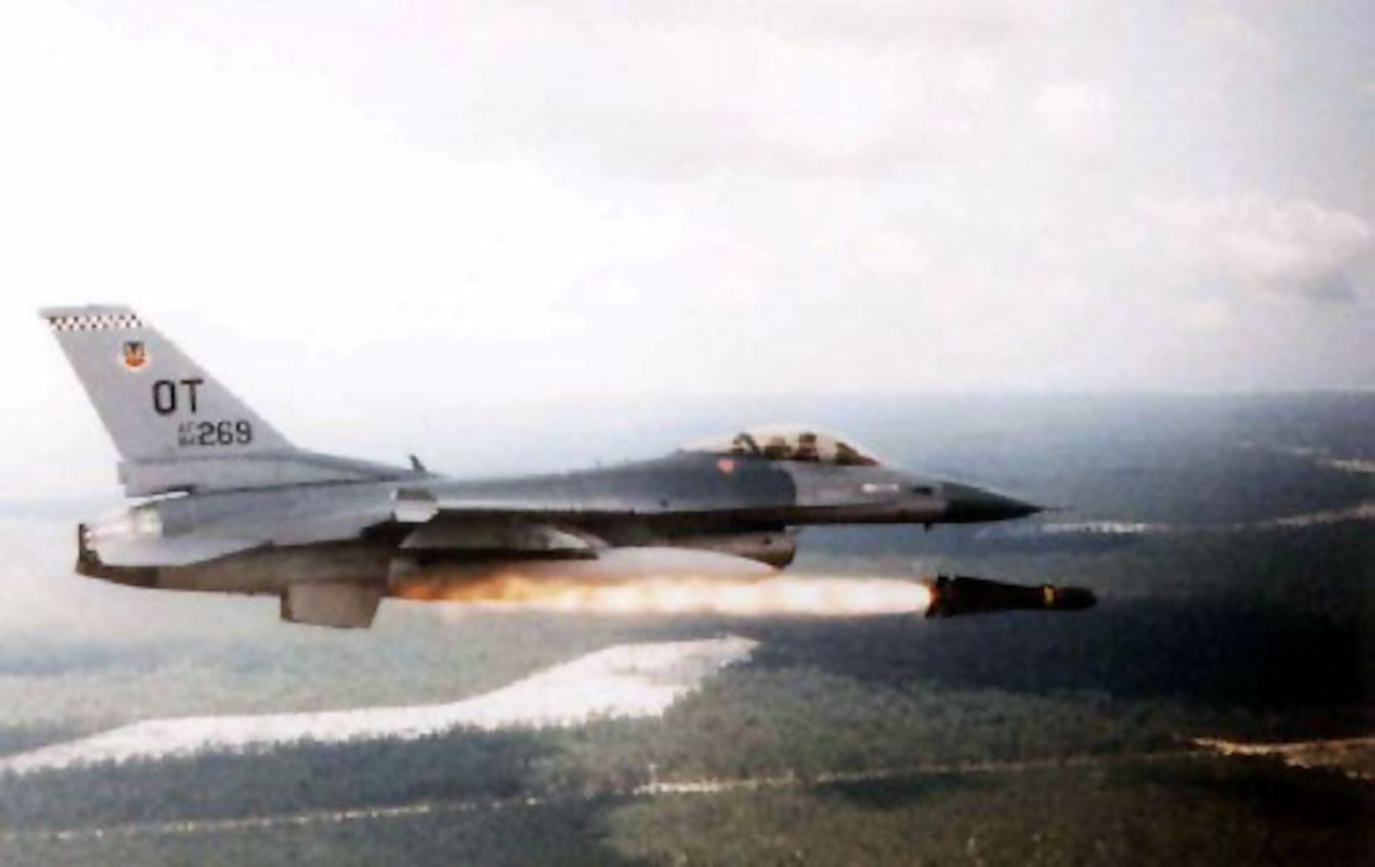 EGLIN AIR FORCE BASE, Fla. -- An F-16 Fighting Falcon fires an AGM-65 Maverick in a training mission. (U.S. Air Force photo)