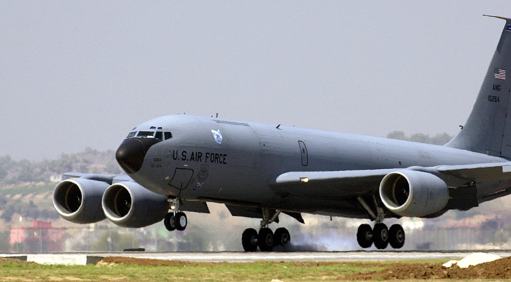 INCIRLIK AIR BASE, Turkey -- A KC-135 Stratotanker from the Air National Guard's 121st Air Refueling Wing at Rickenbacker International Airport, Ohio, touches down on the flightline here.  U.S. officials are sending four KC-135 Stratotanker aircraft and six aircrews to provide air-refueling support for operations Enduring Freedom and Iraqi Freedom.  Aircraft and people began arriving Aug. 19 and should be in place by Aug. 23.  (U.S. Air Force photo by Tech. Sgt. Vince Parker)