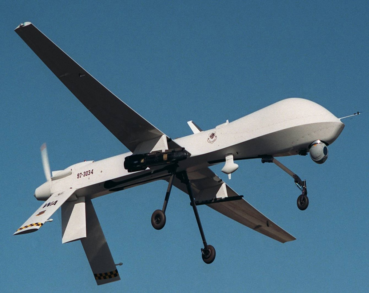 NELLIS AIR FORCE BASE, Nev. -- An MQ-1 Predator armed with an AGM-114 Hellfire missile flies a training mission. The MQ-1's primary mission is interdiction and conducting armed reconnaissance against critical, perishable targets. (Courtesy photo)