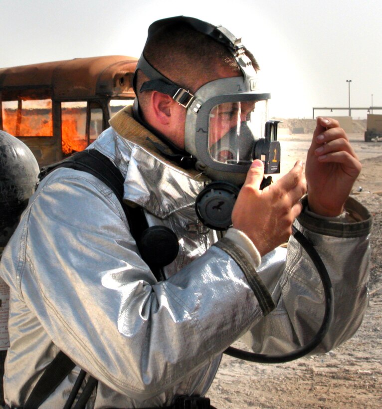 OPERATION ENDURING FREEDOM -- Senior Airman Michael Gidich puts on a mask before extinguishing a training fire at a forward-deployed location in Southwest Asia.  Gidich is a firefighter from the 910th Civil Engineer Squadron at Youngstown Air Reserve Station, Ohio.  He is deployed to the 380th Expeditionary Civil Engineer Squadron.  (U.S. Air Force photo by Maj. Robert Couse-Baker)