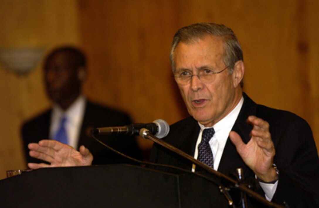 Secretary of Defense Donald H. Rumsfeld talks to reporters during a press conference in Bogota, Colombia, on Aug. 19, 2003. Rumsfeld is in Bogota to meet with Colombian President Alvaro Uribe and Minister of National Defense Lucia Ramirez to discuss counter-drug and anti-guerilla efforts. 