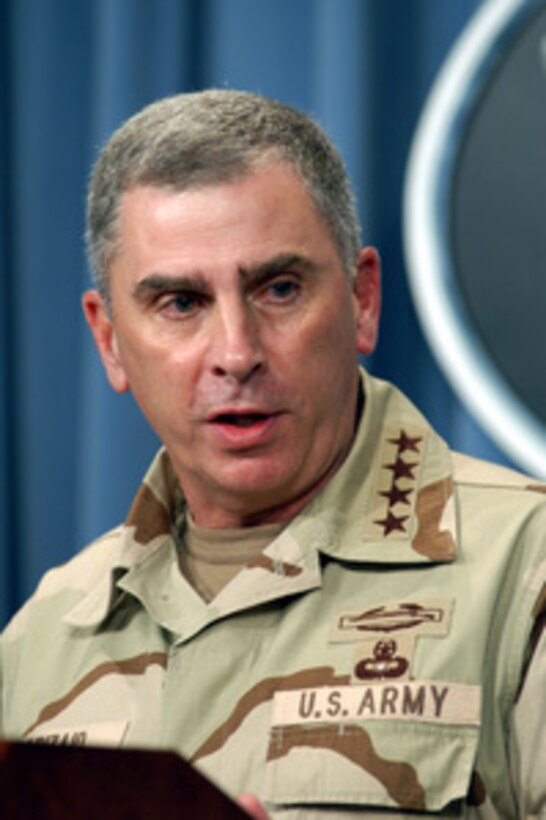 Army Gen. John P. Abizaid, commander, U.S. Central Command, answers a reporter's question on the current situation in Iraq during a Pentagon press briefing with Secretary of Defense Donald H. Rumsfeld on Aug. 21, 2003. Abizaid is in Washington to meet with Rumsfeld and other senior DoD leaders. 