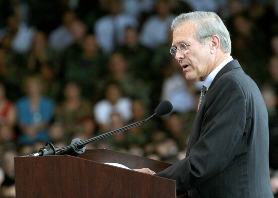 LACKLAND AIR FORCE BASE, Texas -- Secretary of Defense Donald Rumsfeld addresses the crowd during a town hall meeting here Aug. 25.  He spoke to about 3,500 servicemembers from installations in the San Antonio area.  (U.S. Air Force photo by Robbin Cresswell)