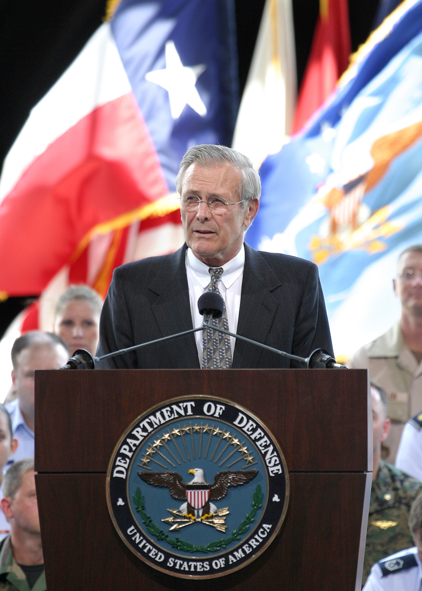 LACKLAND AIR FORCE BASE, Texas -- Secretary of Defense Donald Rumsfeld addresses the crowd during a town hall meeting here Aug. 25.  He spoke to about 3,500 servicemembers from installations in the San Antonio area.  (U.S. Air Force photo by Robbin Cresswell)