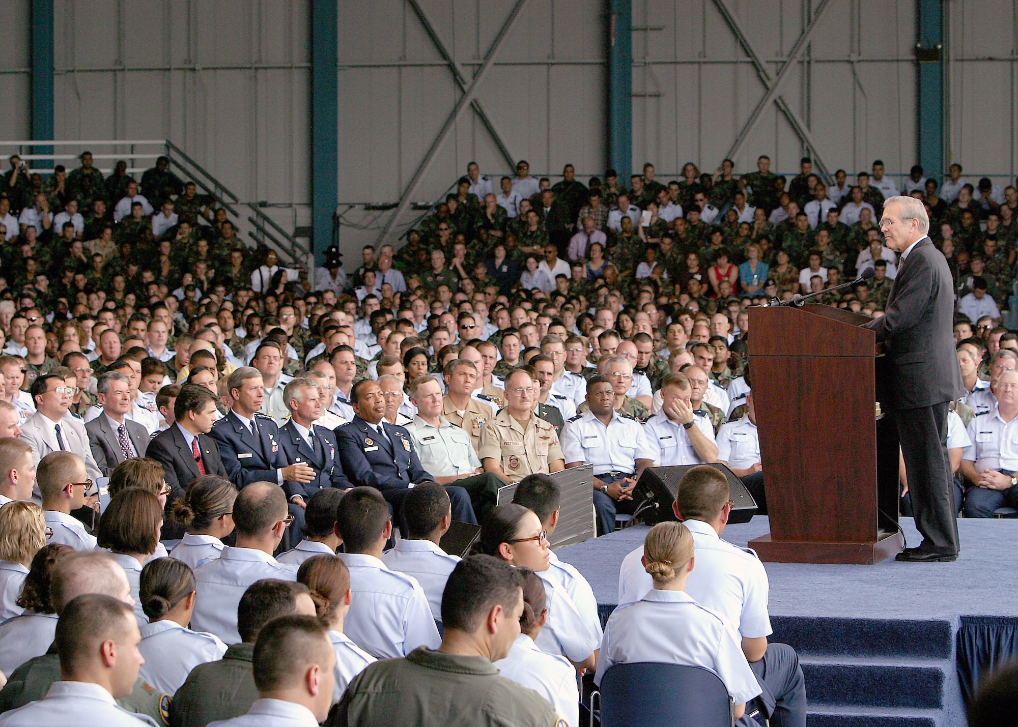 LACKLAND AIR FORCE BASE, Texas -- Secretary of Defense Donald Rumsfeld addresses the crowd during a town hall meeting here Aug. 25.  He spoke to about 3,500 servicemembers from installations in the San Antonio area.  (U.S. Air Force photo by Robbin Cresswell)