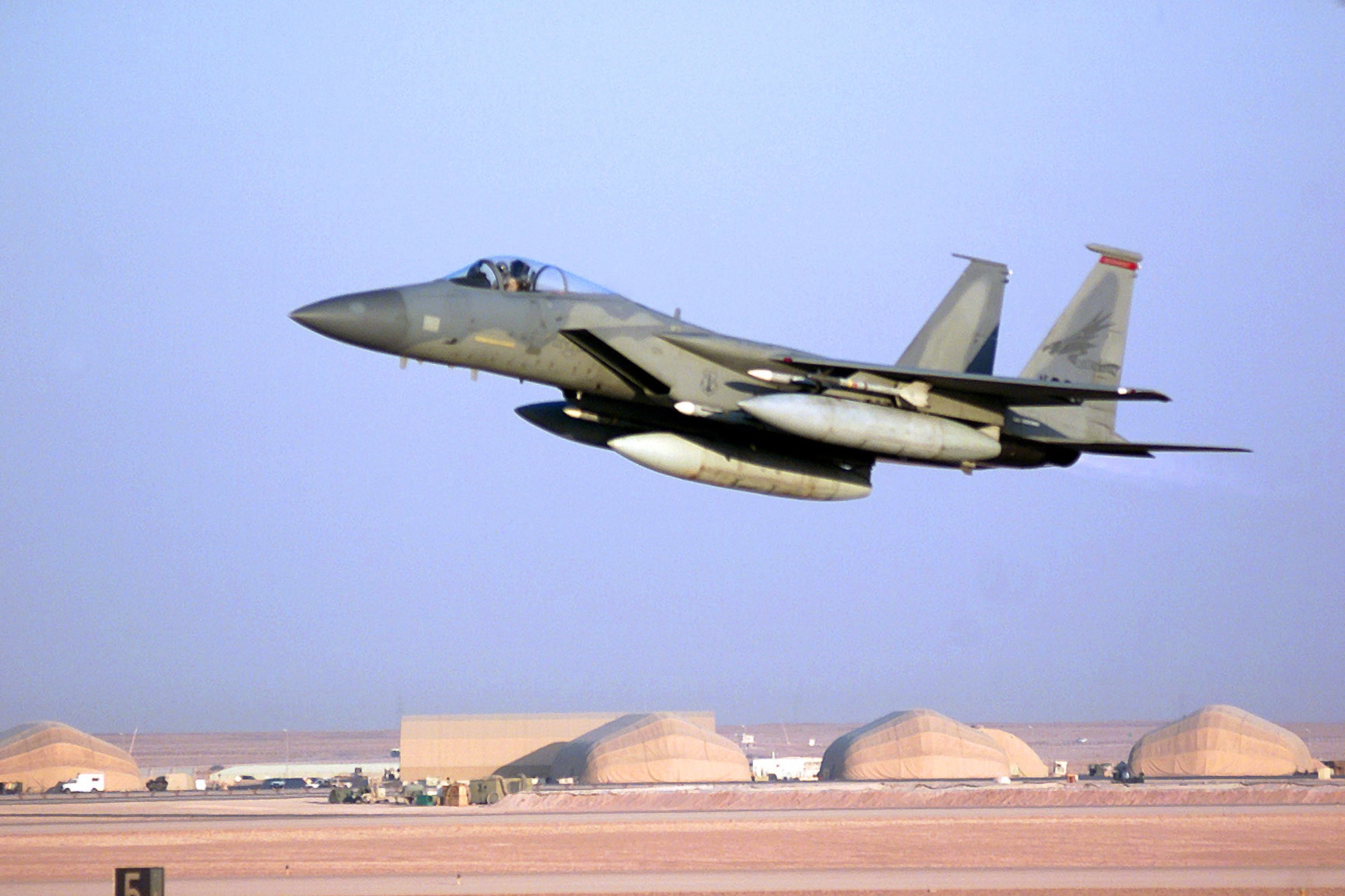 PRINCE SULTAN AIR BASE, Saudi Arabia -- An F-15 Eagle takes off during Operation Southern Watch, which was a major operation here for the past seven years.  U.S. officials ended an era with the inactivation of the 363rd Air Expeditionary Wing at a ceremony Aug. 26.  At the height of Operation Iraqi Freedom, the base was home to more than 5,000 troops and about 200 coalition aircraft.  (U.S. Air Force photo by Staff Sergeant Sean M. Worrell)