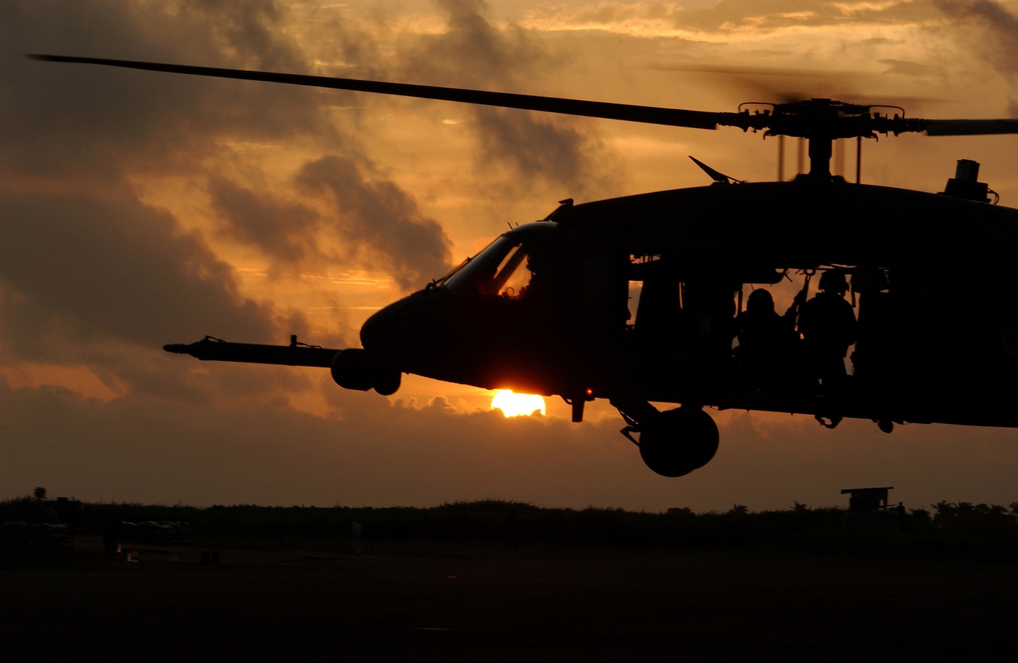 LUNGI, Sierra Leone -- An HH-60G Pave Hawk helicopter prepares to land after training here.  The helicopter is assigned to the 56th Rescue Squadron and is deployed with the 398th Air Expeditionary Group in Senegal.  (U. S. Air Force photo by Tech. Sgt. Justin D. Pyle)