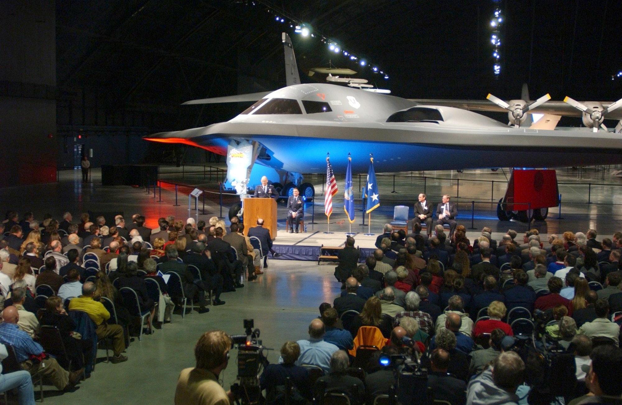 WRIGHT-PATTERSON AIR FORCE BASE, Ohio -- U.S. Air Force Museum officials formally inducted a B-2 Spirit stealth bomber into the institution's aircraft collection Dec. 16.  The Air Force's national museum is the first place to permanently exhibit the stealth bomber to the public.  (Courtesy photo)