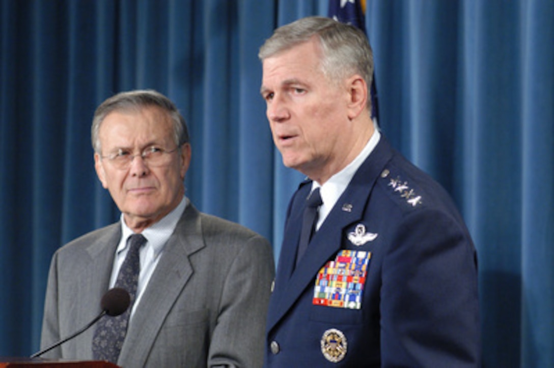 Chairman of the Joint Chiefs of Staff Gen. Richard B. Myers, U.S. Air Force, makes his opening remarks during a joint press conference with Secretary of Defense Donald H. Rumsfeld in the Pentagon on Dec. 23, 2003. Both men said how pleased they were Time Magazine named the men and women of America's Armed Forces as their 2003 Person of the Year. 