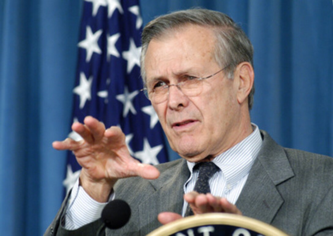 Secretary of Defense Donald H. Rumsfeld comments on the recently imposed Code Orange terror alert issued by the Department of Homeland Security during the Dec. 23, 2003, Pentagon press briefing. Rumsfeld and Chairman of the Joint Chiefs of Staff Gen. Richard B. Myers, U.S. Air force, discussed a variety of topics with reporters during the press conference. 
