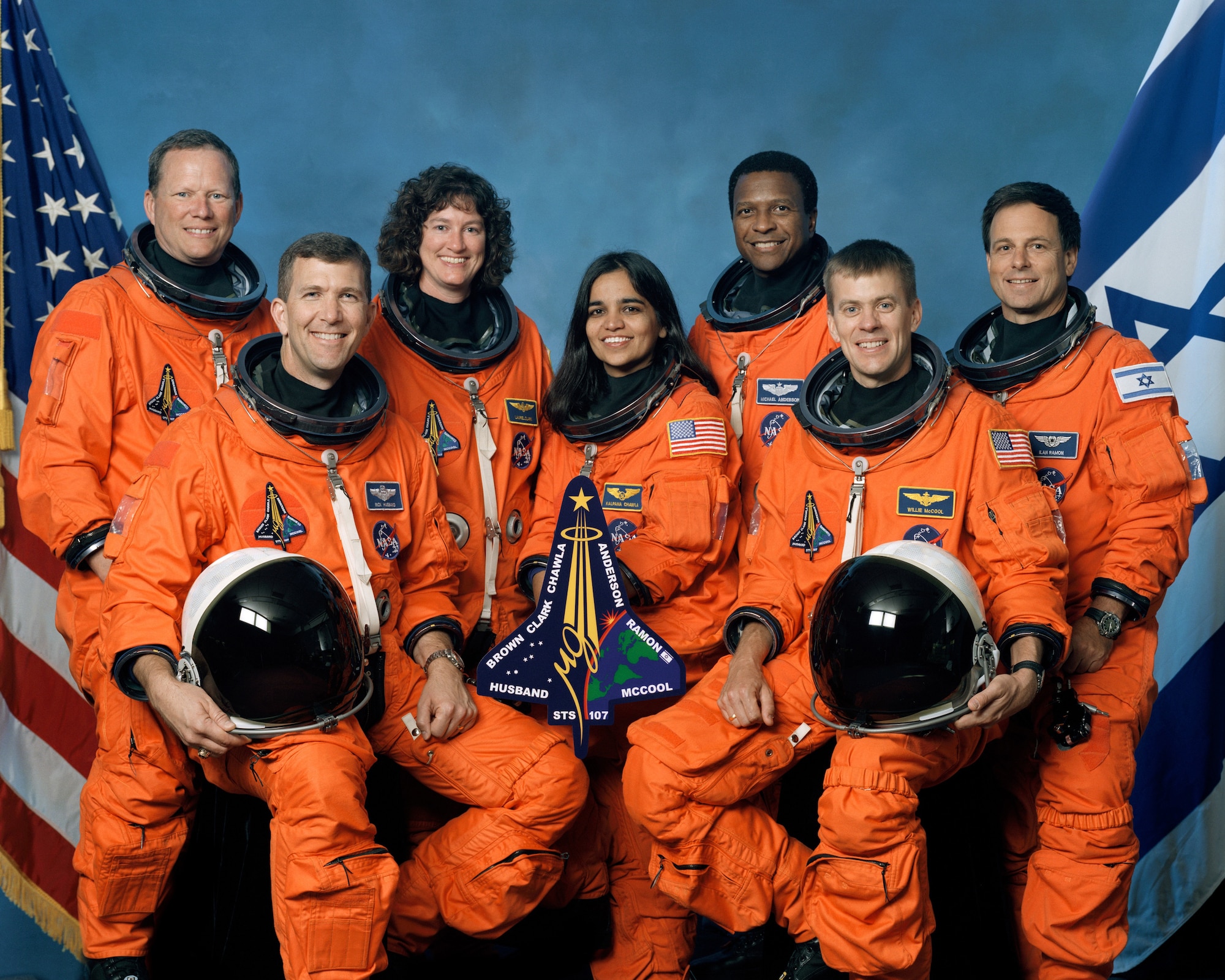 WASHINGTON -- The STS-107 crew includes, from the left, Mission Specialist David Brown, Commander Rick Husband, Mission Specialists Laurel Clark, Kalpana Chawla and Michael Anderson, Pilot William McCool and Payload Specialist Ilan Ramon. The seven member crew, which includes two airmen, died March 18, 2003 when the shuttle crash while returning from a space mission. (NASA photo)