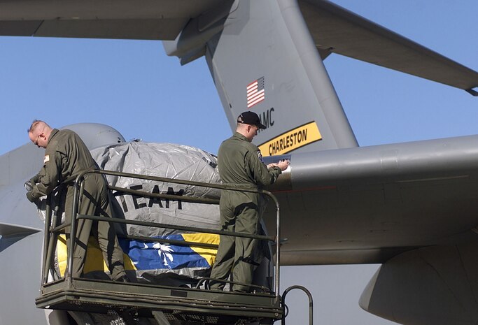 MACDILL AIR FORCE BASE, Fla. -- Staff Sgt. Mark Henriquez (left) and Senior Airman Chad McCollum place an engine cover on a Charleston based C-17 Globemaster. Both Henriquez and Collum are deployed here as part of a week of events leading up to Superbowl XXXV.  (U.S. Air Force photo by Staff Sgt. Stan Parker)  