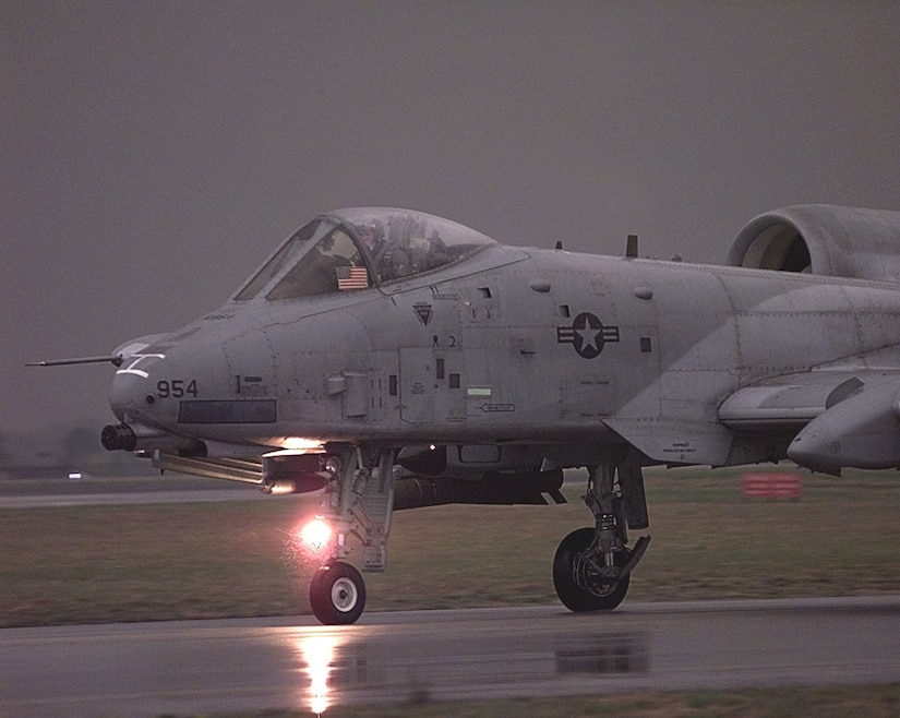 1990's -- An A-10 Thunderbolt II takes off on a mission against targets in Yugoslavia. The A-10 and OA-10 Thunderbolt IIs are the first Air Force aircraft specially designed for close air support of ground forces. They are simple, effective and survivable twin-engine jet aircraft that can be used against all ground targets, including tanks and other armored vehicles. (U.S. Air Force photo) 