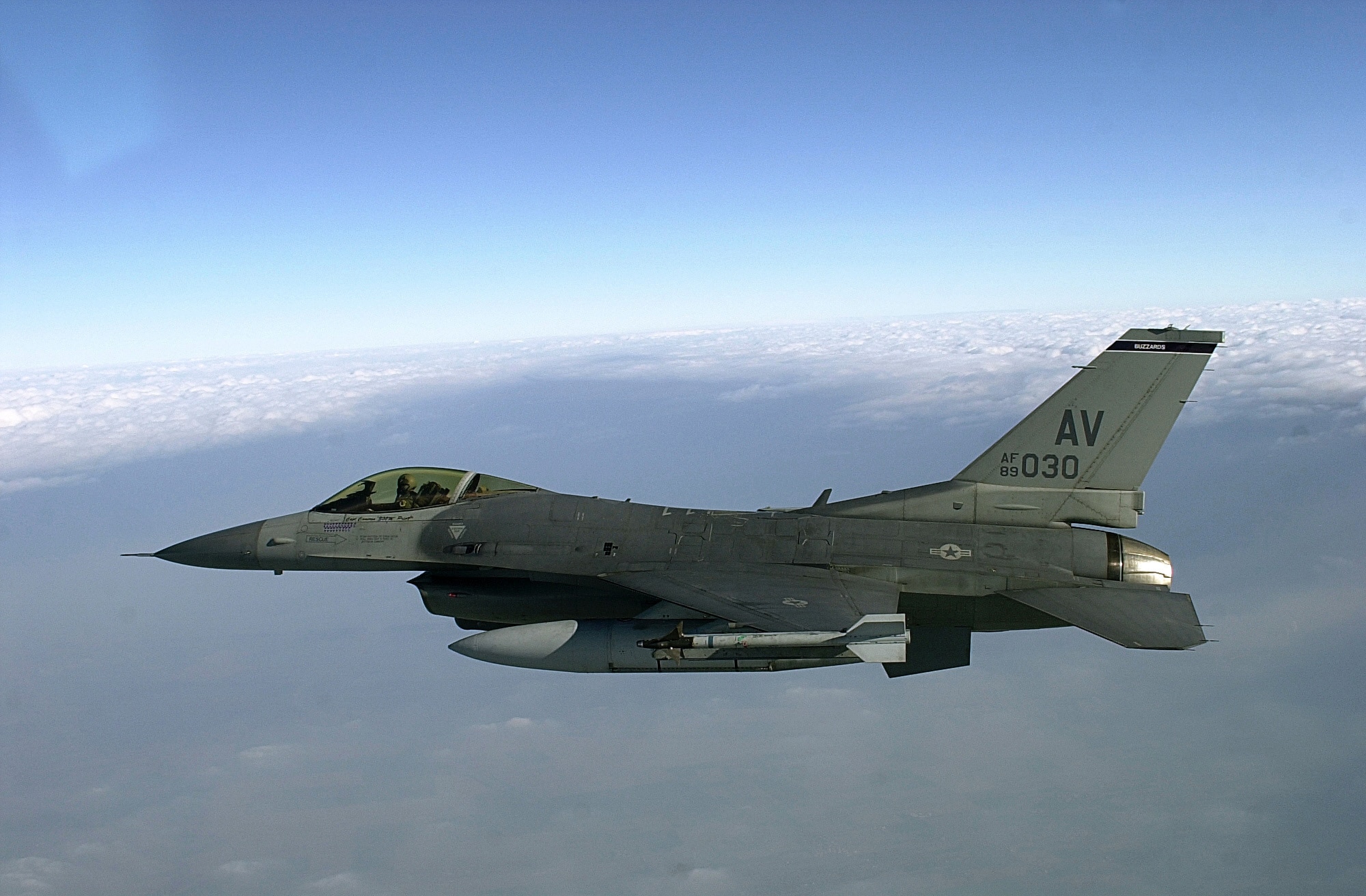 OVER ITALY -- An U.S. F-16 Fighting Falcon flies towards Rimini, Italy to join with the Italian air force in a training mission.   U.S. Air Forces from the 510th Fighter Squadron, Aviano Air Base, Italy and Italian Air Forces from the 83rd Combat Search and Rescue Squadron, Rimini, Italy, participated in a 4-day training mission from Feb. 5 to Feb. 8, 2001.  The mission involved U.S. F-16 aircrews locating and authenticating survivors and coordinate pickup with Italian rescue crews.  F-16s were also tasked with escorting helicopters to protect them from air and ground threats.  This is the first ever tasking of a full-time combat search and rescue mission for F-16s from the 510th Fighter Squadron. (U.S. Air Force photo by Tech. Sgt. Dave Ahlschwede)
