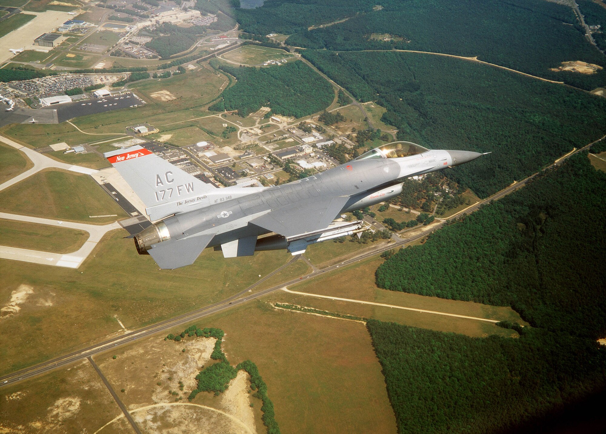 FILE PHOTO -- An F-16 Fighting Falcon prepares to land at the Atlantic City International Airport in New Jersey.  The Atlantic City International Airport is home to the 177th Fighter Wing, New Jersey Air National Guard. (U.S. Air Force photo by Master Sgt. Don Taggart)