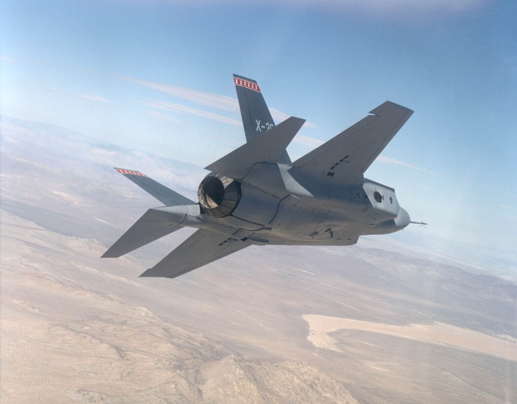 Lockheed Martin's Joint Strike Fighter concept demonstrator, the X-35A, broke the sound barrier Nov. 21, 2000, at Edwards Air Force Base, Calif. The X-35A has finished flight testing and now is being re-fitted in nearby Palmdale to become the X-35B. (Courtesy photo by Tom Reynolds)