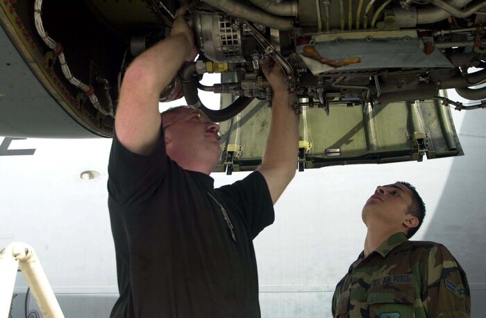 NAVAL AIR STATION SIGONELLA, Italy -- Staff Sgt. Matthew Allen (left), and Airman 1st Class Luis Norieg, crewchiefs from 437th Aircraft Generation Squadron at Charleston Air Force Base, S.C., work on installing a starter motor in a C-17A Globemaster III recently.  The aircraft will be carrying troops and cargo to forward locations in support of Operation Enduring Freedom  (U.S. Air Force photo by Staff Sgt. Ken Bergmann)  