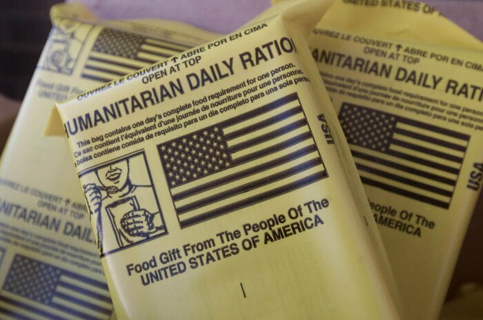 FILE PHOTO -- Airmen are delivering tons of relief supplies, like the daily rations pictured, into poverty-stricken areas of Afghanistan. The humanitarian relief effort, part of Operation Enduring Freedom, kicked into high gear recently when four C-17 Globemaster III aircrews delivered about 70,000 meals in one evening.  (Courtesy photo)