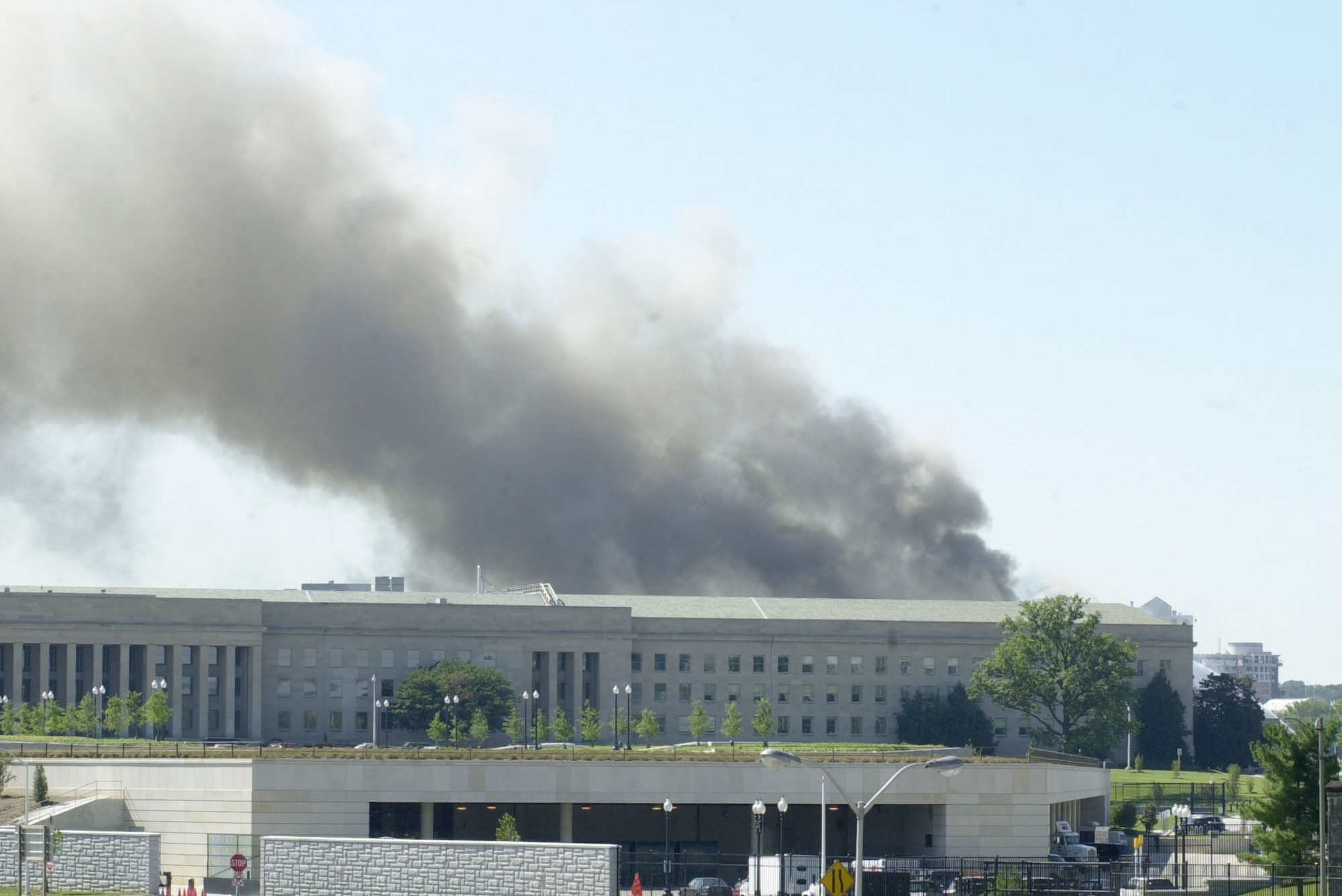 Smoke billows from the Pentagon after a highjacked commercial jetliner crashed into the building on Sept 11, 2001. The Pentagon crash followed an attack on the twin towers of the World Trade Center in New York City in one of the worst terrorist actions in history. (U.S. Air Force photo/Tech. Sgt. Jim Varhegyi)