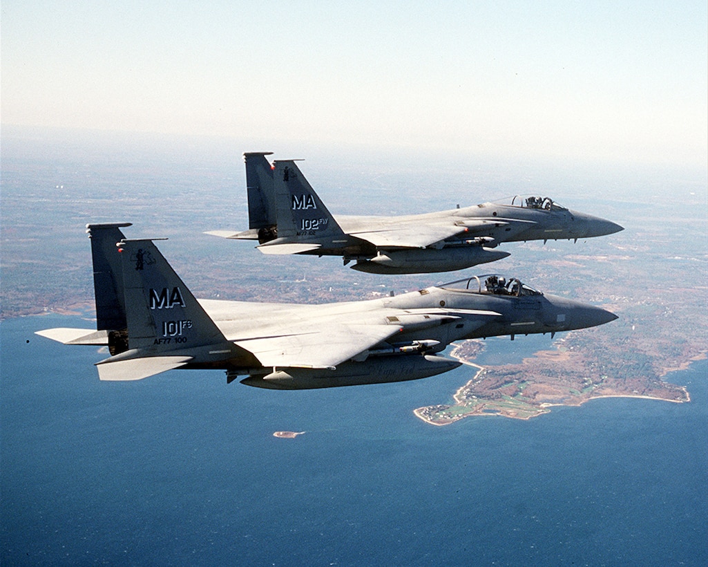 OPERATION NOBLE EAGLE -- Two F-15 Eagles from the Massachusetts Air National Guard's 102nd Fighter Wing fly a combat air patrol mission over New York City in support of Operation Noble Eagle. North American Aerospace Defense Command has more than 100 ANG and Air Force Reserve fighters from 26 locations providing homeland defense, with another 100 fighters backing them up. (U.S. Air Force photo by Lt. Col. Bill Ramsay)