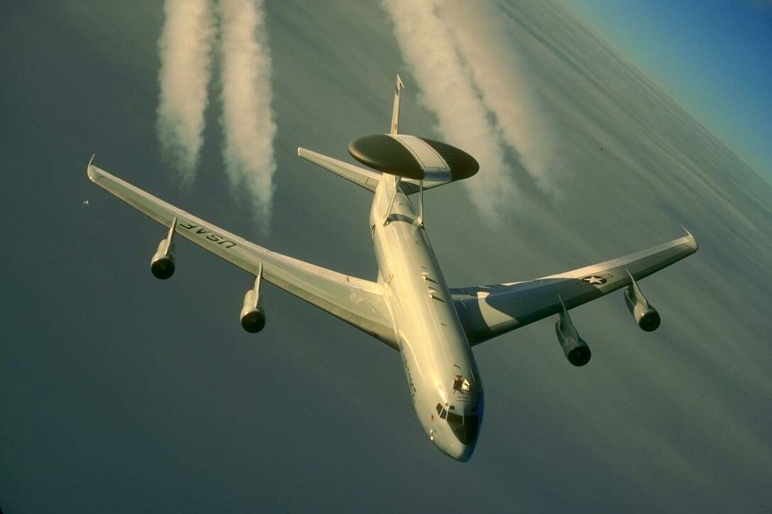 The E-3 Sentry is a modified Boeing 707/320 commercial airframe with a rotating radar dome. The dome is 30 feet in diameter, 6 feet thick and is held 11 feet above the fuselage by two struts. It contains a radar subsystem that permits surveillance from the Earth's surface up into the stratosphere, over land or water. The radar has a range of more than 200 miles for low-flying targets and farther for aerospace vehicles flying at medium to high altitudes.(U.S. Air Force photo by Master Sgt. Dave Nolan)
